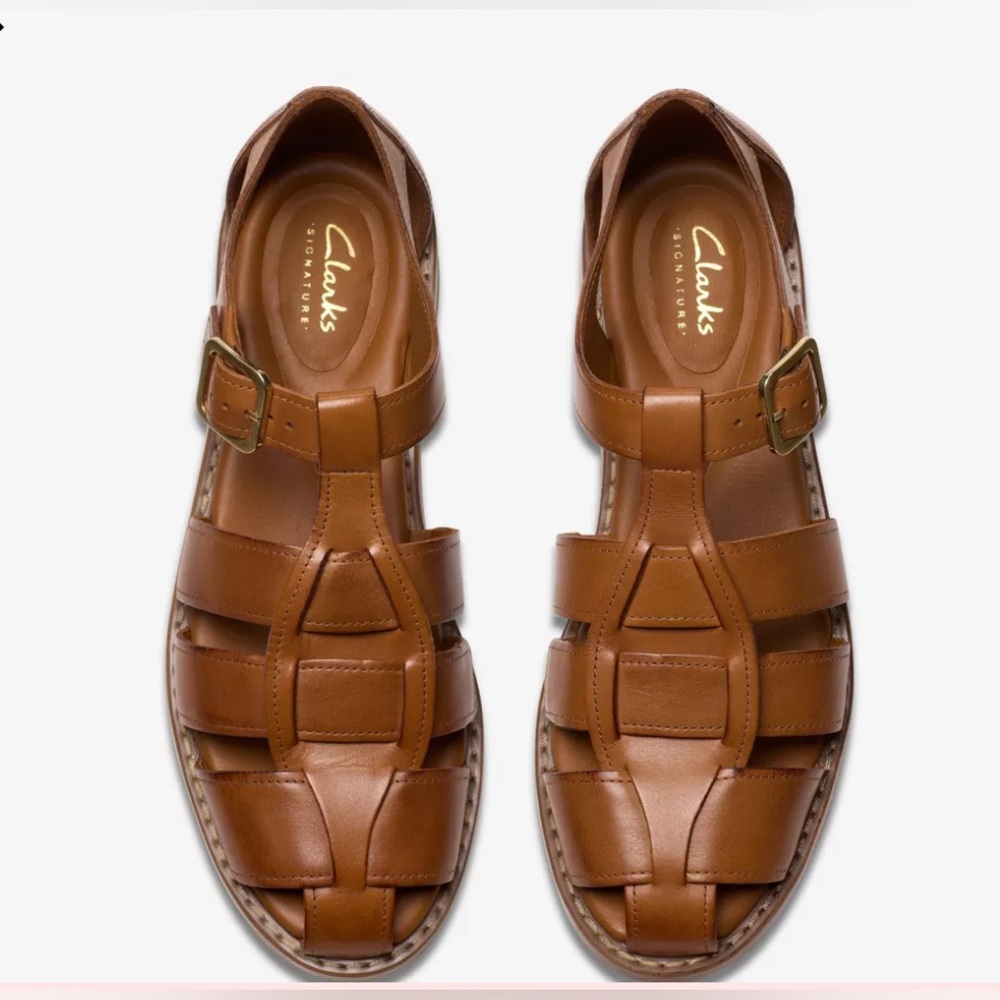 NEW Clarks Hana Sun Fisherman Tan Leather Sandals 7.5 Flat Comfort